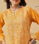 Handmade Yellow Georgette Lucknowi Chikankari Indian Women Straight Short Kurti