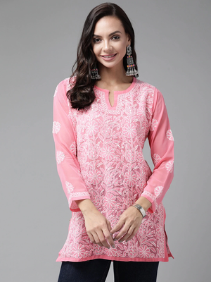 Hand Crafted Dark Pink Georgette Lucknowi Chikankari Indian Women Straight Short Kurti 2