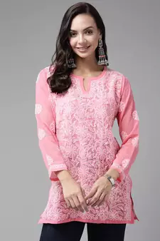 Hand Crafted Dark Pink Georgette Lucknowi Chikankari Indian Women Straight Short Kurti