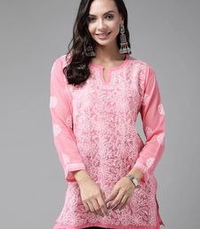 Hand Crafted Dark Pink Georgette Lucknowi Chikankari Indian Women Straight Short Kurti