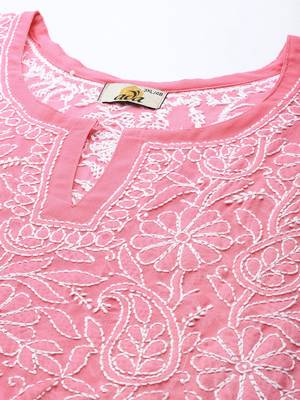 Hand Crafted Dark Pink Georgette Lucknowi Chikankari Indian Women Straight Short Kurti 3