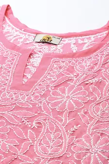 Hand Crafted Dark Pink Georgette Lucknowi Chikankari Indian Women Straight Short Kurti