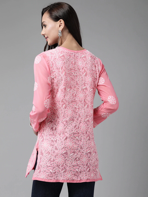 Hand Crafted Dark Pink Georgette Lucknowi Chikankari Indian Women Straight Short Kurti 4