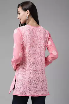 Hand Crafted Dark Pink Georgette Lucknowi Chikankari Indian Women Straight Short Kurti