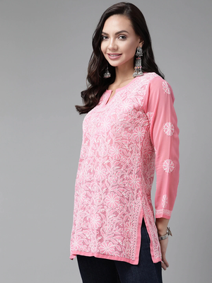 Hand Crafted Dark Pink Georgette Lucknowi Chikankari Indian Women Straight Short Kurti 5