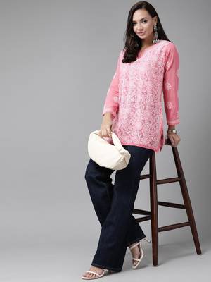 Hand Crafted Dark Pink Georgette Lucknowi Chikankari Indian Women Straight Short Kurti 1