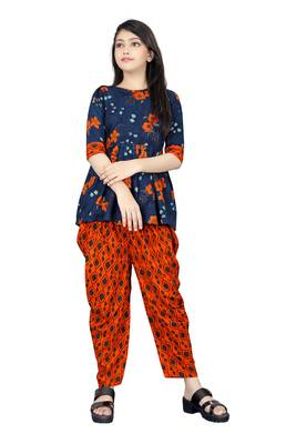 Blue printed rayon girls-top-bottom 1