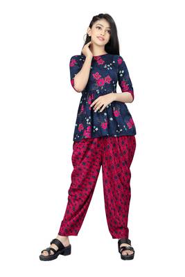 Blue printed rayon girls-top-bottom 1