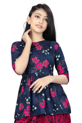 Blue printed rayon girls-top-bottom 5