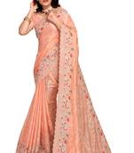 Peach embroidered silk saree with blouse
