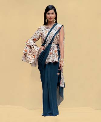 Pearled Ivory One Shoulder Peplum Blouse With Pre-Drape Saree 1