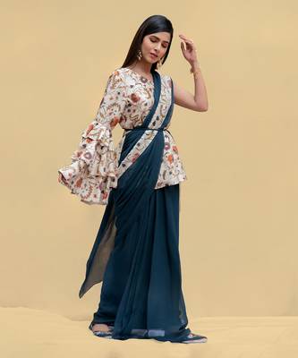 Pearled Ivory One Shoulder Peplum Blouse With Pre-Drape Saree 2