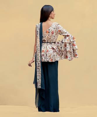 Pearled Ivory One Shoulder Peplum Blouse With Pre-Drape Saree 3