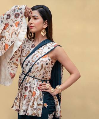 Pearled Ivory One Shoulder Peplum Blouse With Pre-Drape Saree 4