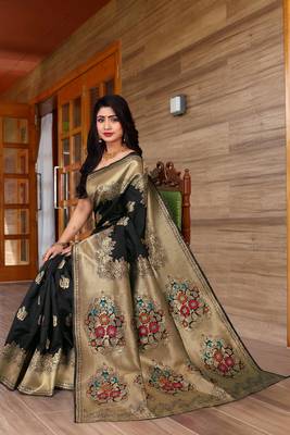 Black hand woven Banarasi silk blend saree with blouse 2