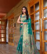 Turquoise hand woven Banarasi silk blend saree with blouse