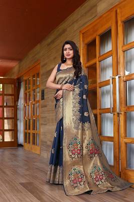 Navy blue hand woven Banarasi silk blend saree with blouse 1