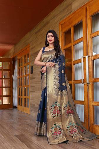Navy blue hand woven Banarasi silk blend saree with blouse
