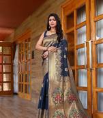 Navy blue hand woven Banarasi silk blend saree with blouse