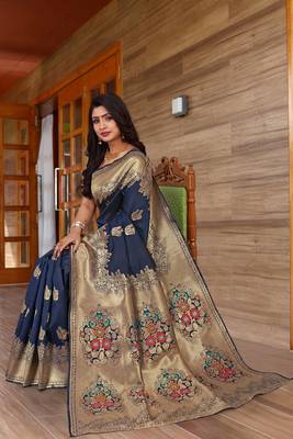 Navy blue hand woven Banarasi silk blend saree with blouse 2
