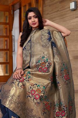 Navy blue hand woven Banarasi silk blend saree with blouse 3