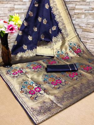 Navy blue hand woven Banarasi silk blend saree with blouse 4