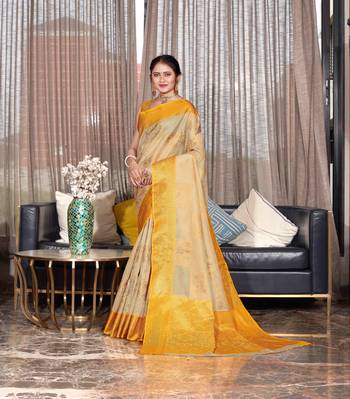 Yellow hand woven Banarasi silk blend saree with blouse 1
