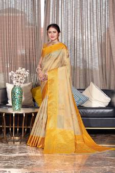 Yellow hand woven Banarasi silk blend saree with blouse