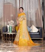 Yellow hand woven Banarasi silk blend saree with blouse