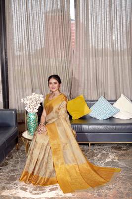 Yellow hand woven Banarasi silk blend saree with blouse 2