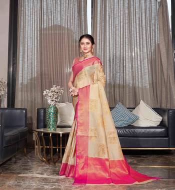 Pink hand woven Banarasi silk blend saree with blouse 1