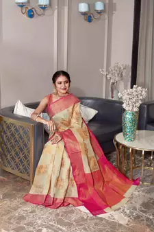 Pink hand woven Banarasi silk blend saree with blouse