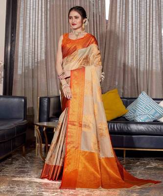 Orange hand woven Banarasi silk blend saree with blouse 1