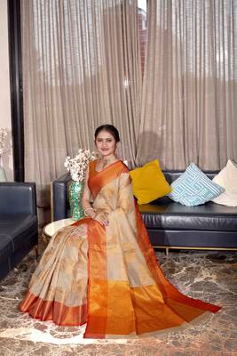 Orange hand woven Banarasi silk blend saree with blouse 2
