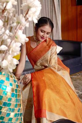 Orange hand woven Banarasi silk blend saree with blouse 3