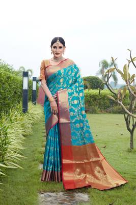 Blue hand woven banarasi silk saree with blouse 1