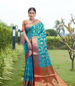 Blue hand woven banarasi silk saree with blouse
