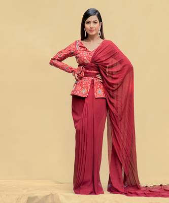 Red Alert Jacket Blouse With Pre-Draped Saree And Bum Bag 1