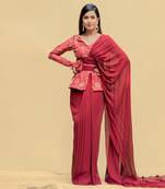 Red Alert Jacket Blouse With Pre-Draped Saree And Bum Bag