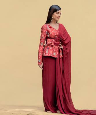 Red Alert Jacket Blouse With Pre-Draped Saree And Bum Bag 2