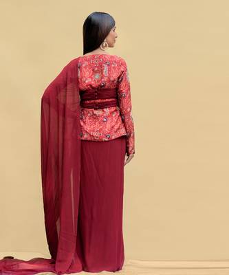 Red Alert Jacket Blouse With Pre-Draped Saree And Bum Bag 3
