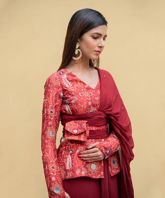 Red Alert Jacket Blouse With Pre-Draped Saree And Bum Bag 4