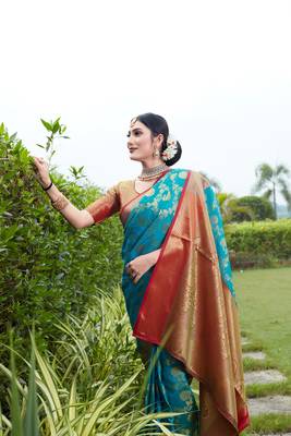 Blue hand woven banarasi silk saree with blouse 3