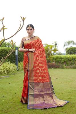 Orange hand woven banarasi silk saree with blouse 1