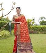Orange hand woven banarasi silk saree with blouse