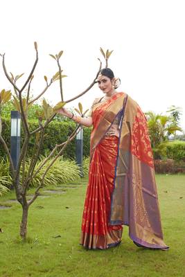 Orange hand woven banarasi silk saree with blouse 2