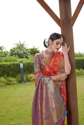 Orange hand woven banarasi silk saree with blouse 3