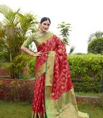 Red hand woven Banarasi silk blend saree with blouse