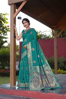 Turquoise hand woven Banarasi silk blend saree with blouse