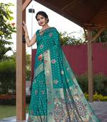 Turquoise hand woven Banarasi silk blend saree with blouse